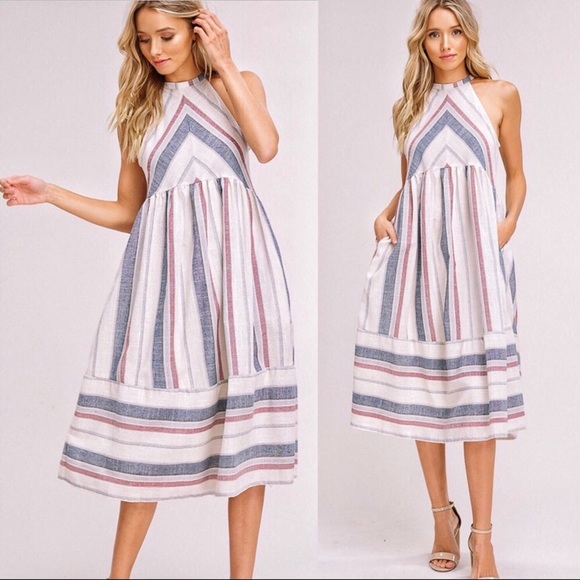 Midi Dress Striped Woven Halter w/ Pockets - Picture 2 of 8